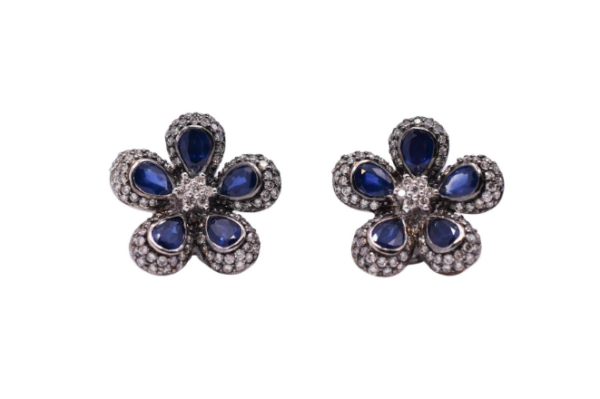 Sapphire and Diamond Flower Earrings in 18K White Gold