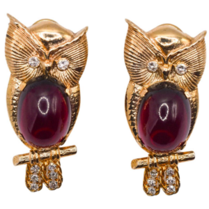Garnet and Diamond Owl Gold Earrings