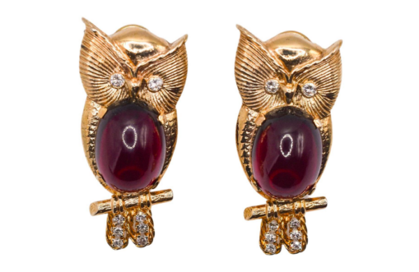 Garnet and Diamond Owl Gold Earrings