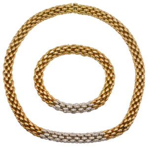 18k Gold and Diamond Tubular Necklace and Bracelet Set