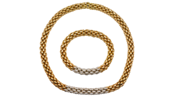18k Gold and Diamond Tubular Necklace and Bracelet Set