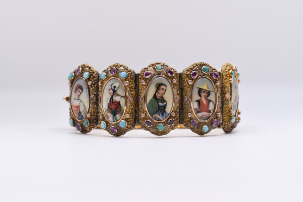 Antique Ruby, Turquoise and Porcelain Bracelet in 18k Yellow Gold - Image 2