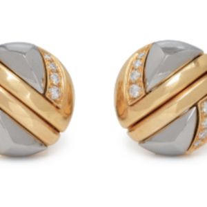 Bulgari 18k, stainless steel, and diamond ear clips