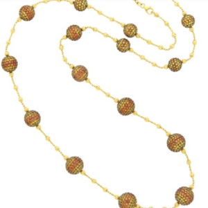 Long beaded 18k gold necklace with yellow and orange sapphire degrade beads