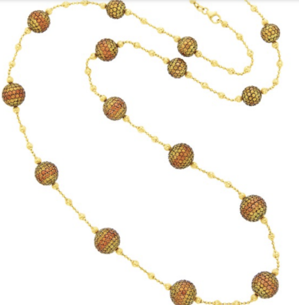 Long beaded 18k gold necklace with yellow and orange sapphire degrade beads
