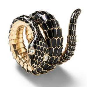 Bulgari 18k gold and black enamel Serpenti bracelet with pear shaped diamond eyes