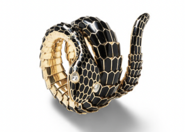Bulgari 18k gold and black enamel Serpenti bracelet with pear shaped diamond eyes