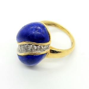 Lapis and diamond croissante ring in 18k gold with diamond swirl