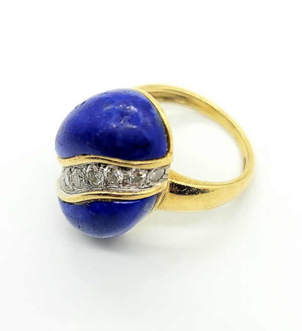 Lapis and diamond croissante ring in 18k gold with diamond swirl