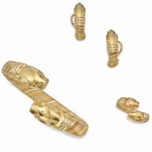 Cartier Panthere demi parure in 18k yellow, rose and white gold comprised of woven polished gold, all with double Panthere end pieces. Earclips, ring and a bracelet