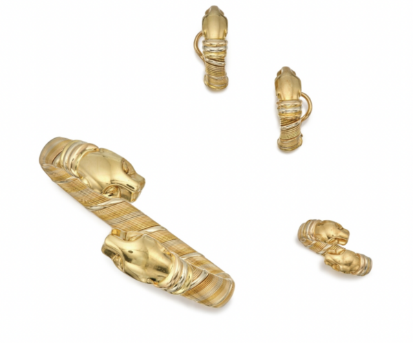 Cartier Panthere demi parure in 18k yellow, rose and white gold comprised of woven polished gold, all with double Panthere end pieces. Earclips, ring and a bracelet