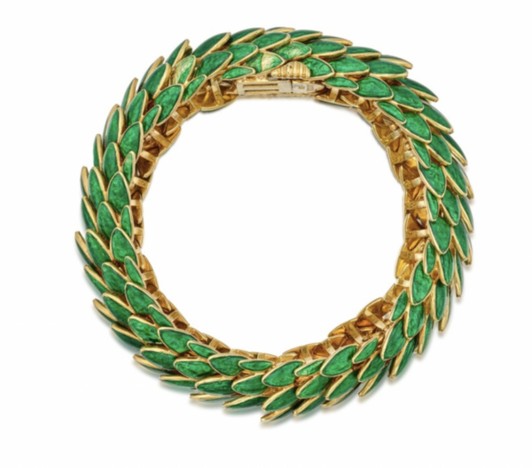David Webb bombe enamel bracelet in 18k gold in a snake skin pattern