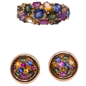 Chaumet 18k Gold Multi-colour Sapphire Earrings and Ring Set