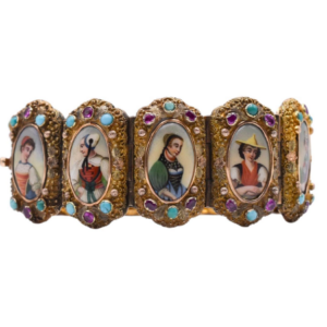 Antique Ruby, Turquoise and Porcelain Bracelet in 18k Yellow Gold