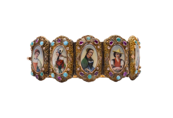 Antique Ruby, Turquoise and Porcelain Bracelet in 18k Yellow Gold