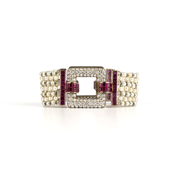 Art deco pearls, rubies, and diamond bracelet