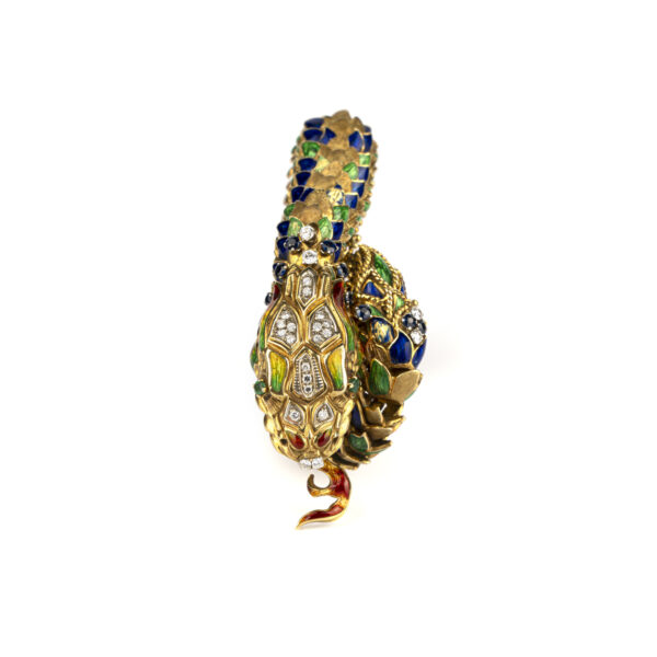 Refined Serpent bracelet in 18k yellow gold, fine multicolor guilloche enameling and diamonds - Image 2