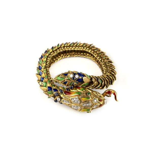 Refined Serpent bracelet in 18k yellow gold, fine multicolor guilloche enameling and diamonds - Image 3