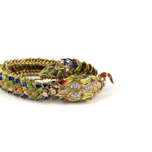 Refined Serpent bracelet in 18k yellow gold, fine multicolor guilloche enameling and diamonds