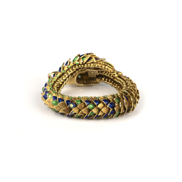 Refined Serpent bracelet in 18k yellow gold, fine multicolor guilloche enameling and diamonds - Image 4
