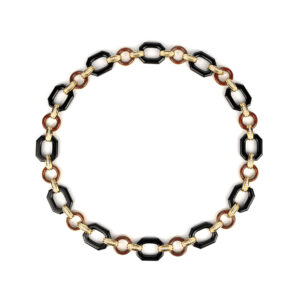 Long necklace of geometrical design, with octagonal shaped onyx, circular jasper, connected by 18k yellow gold and diamond links