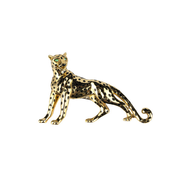 Collectible Cartier Panthere brooch in 18k gold with black enamel spots and emerald eyes - Image 2