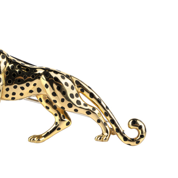 Collectible Cartier Panthere brooch in 18k gold with black enamel spots and emerald eyes - Image 3
