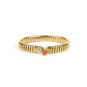 Bulgari 18k gold Doppio Cuore bangle with coral and diamond finials