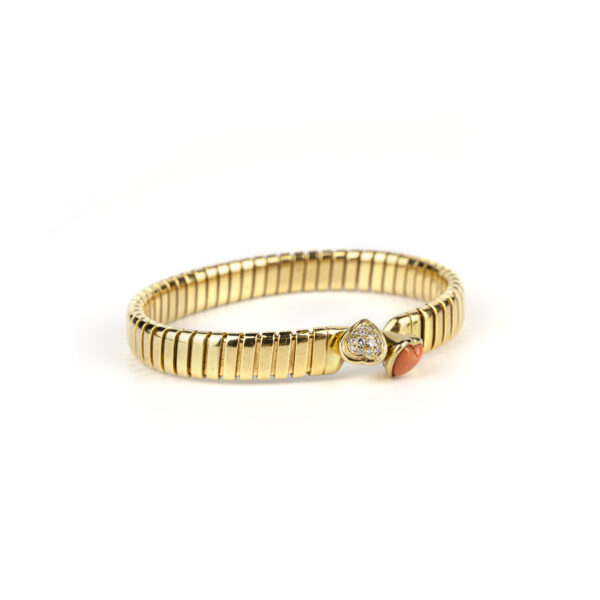 Bulgari 18k gold Doppio Cuore bangle with coral and diamond finials - Image 2