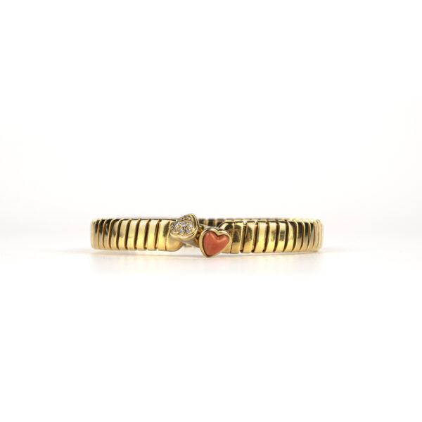 Bulgari 18k gold Doppio Cuore bangle with coral and diamond finials - Image 3
