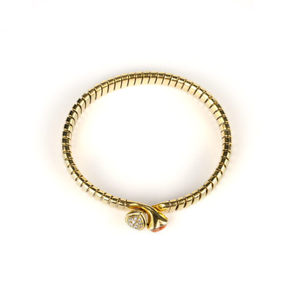 Bulgari 18k gold Doppio Cuore bangle with coral and diamond finials - Image 4