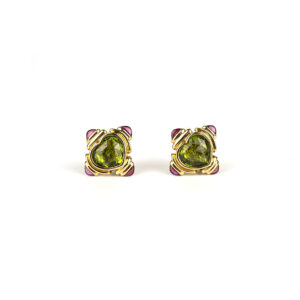 Bulgari 18k heart shaped peridot and cabochon pink tourmaline earrings