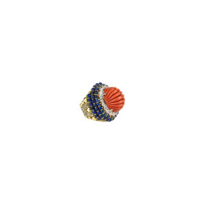 Bombe cocktail ring with chased 18k gold lapis lazuli beads and a carved fluted coral dome center