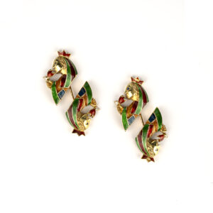 A pair of collectible Cartier jabot lapel pins depicting the Queen of Hearts in 18k gold