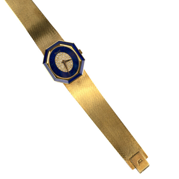 Collectible Piaget 18K Yellow Gold and Lapis Lazuli Watch of Geometrical Design, accented by pavè diamonds on the dial - Image 2