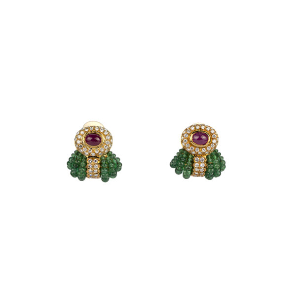 Cabochon ruby and emerald beaded earrings with diamond surround - Image 2