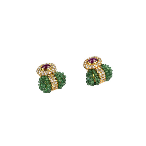 Cabochon ruby and emerald beaded earrings with diamond surround - Image 3