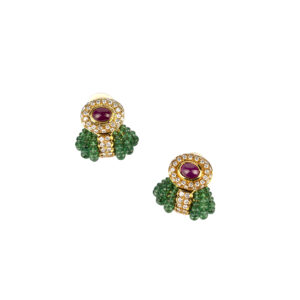Cabochon ruby and emerald beaded earrings with diamond surround