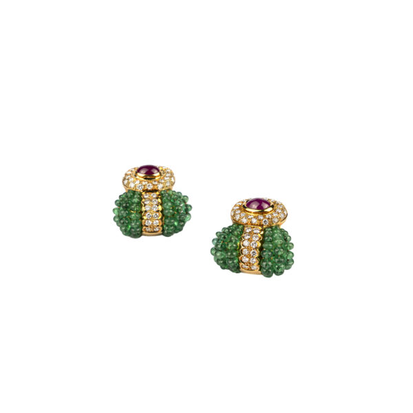 Cabochon ruby and emerald beaded earrings with diamond surround - Image 4