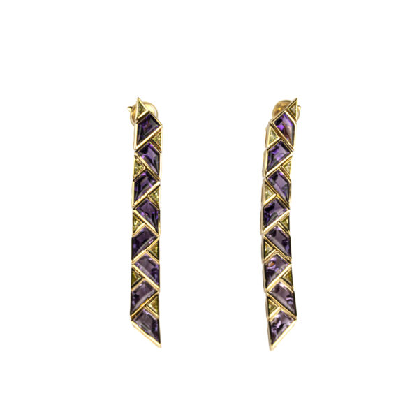 Marina B Pyramide Earrings in 18k yellow gold with purple and green topaz - Image 2