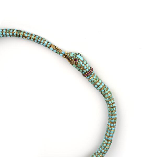 Rare Victorian snake necklace in turquoise, and gold with ruby eyes
