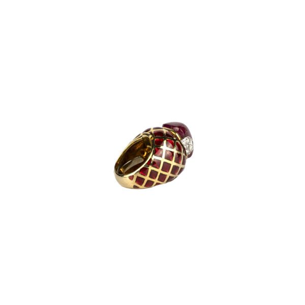 David Webb cabochon Burma ruby and enamel ring in 18k gold with diamond accents - Image 2