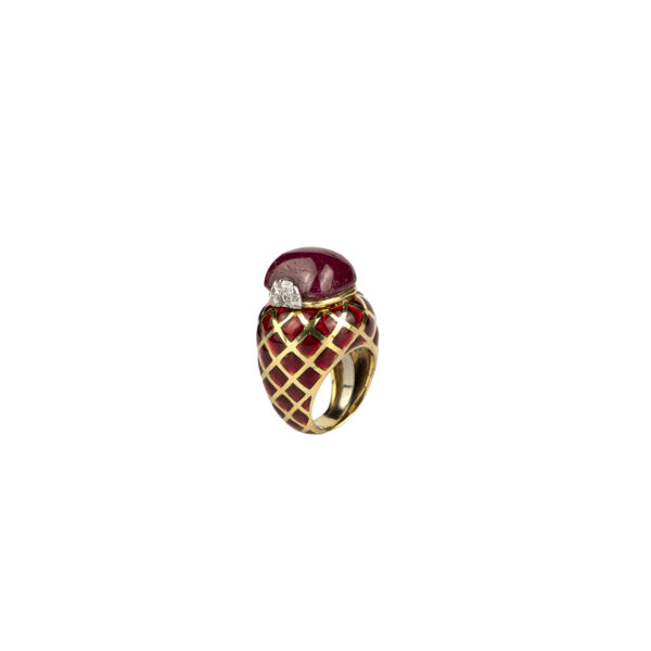 David Webb cabochon Burma ruby and enamel ring in 18k gold with diamond accents - Image 3