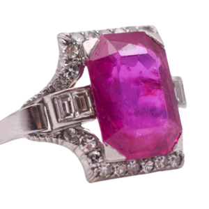 Art Deco 7.60ct Burma No Heat Ruby and Diamond Ring mounted on Platinum