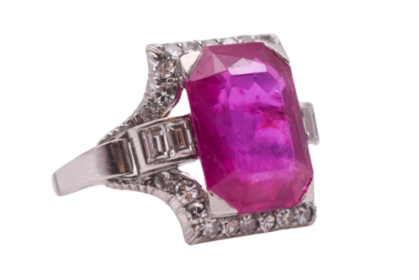 Art Deco 7.60ct Burma No Heat Ruby and Diamond Ring mounted on Platinum