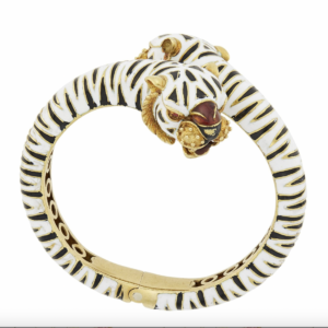 Frascarolo gold and enamel double headed tiger bangle in 18kt gold with ruby eyes. Made in Italy, circa 1960.