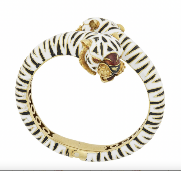 Frascarolo gold and enamel double headed tiger bangle in 18kt gold with ruby eyes. Made in Italy, circa 1960.