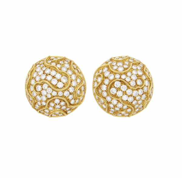 18k Gold and 8 carats of diamond bombé earrings with a swirl pattern. Made in America, circa 1960.