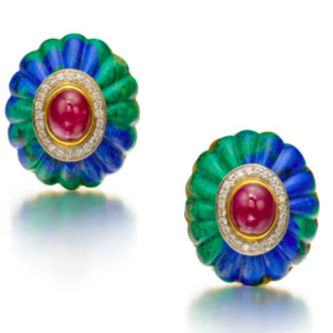 David Webb earrings in 18k gold with fluted azurmalachites, inset with cabochon rubies, accented by round diamonds. Made in America, circa 1975.
