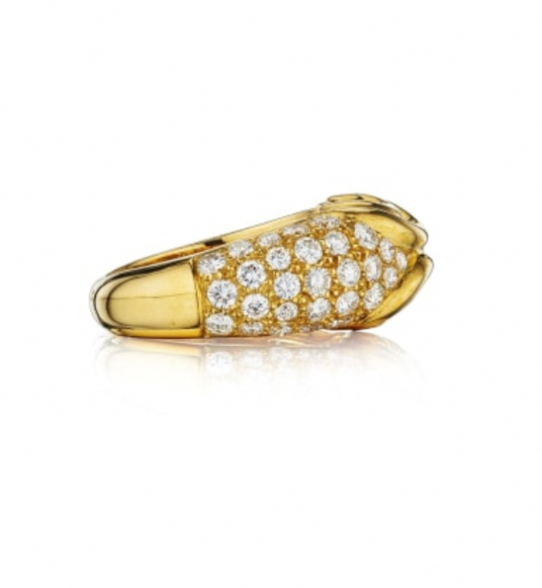 Bulgari pave diamond and 18k gold Ring in stylized Doppio Cuore style. Made in Italy, circa 1980. - Image 2